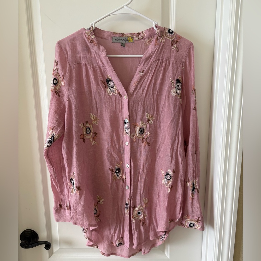 Figueroa & Flower Embroidered Floral Button Front Blouse Size Small